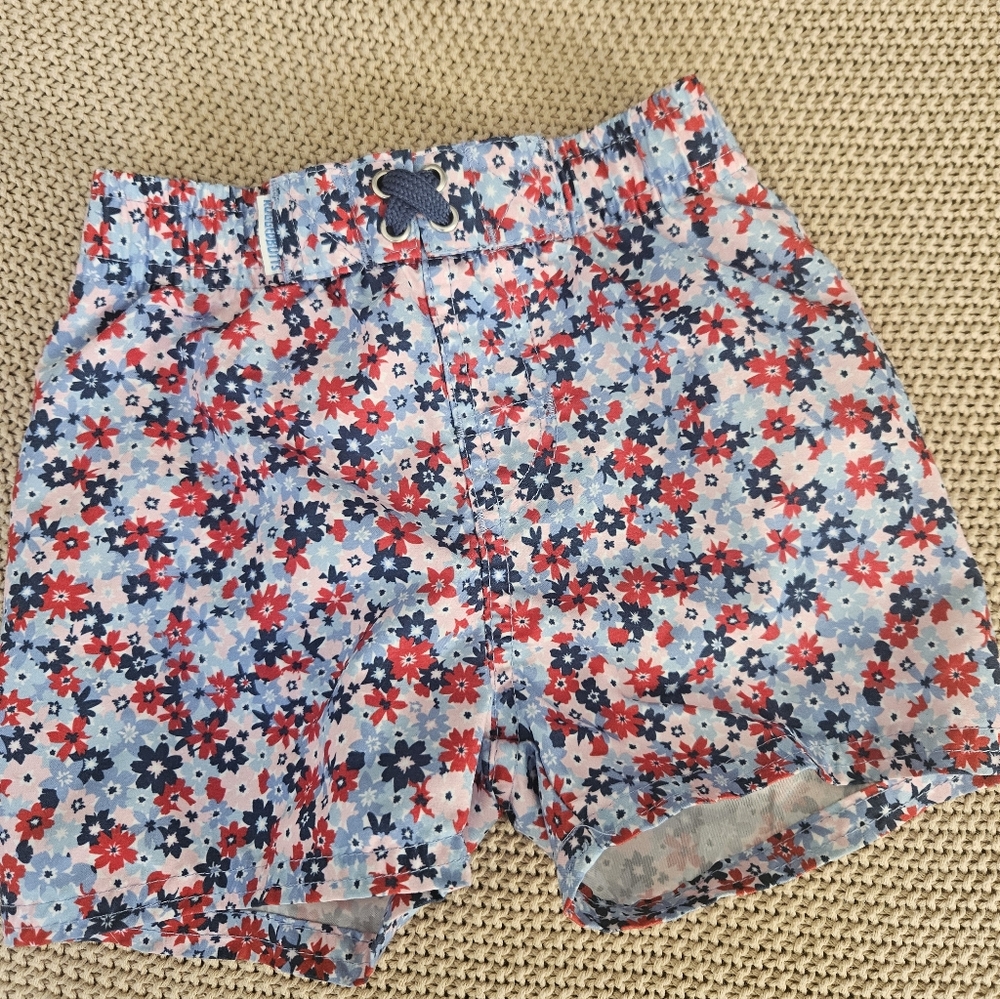 Ruffle Butts Kids Swim Trunks - Red and Blue Floral